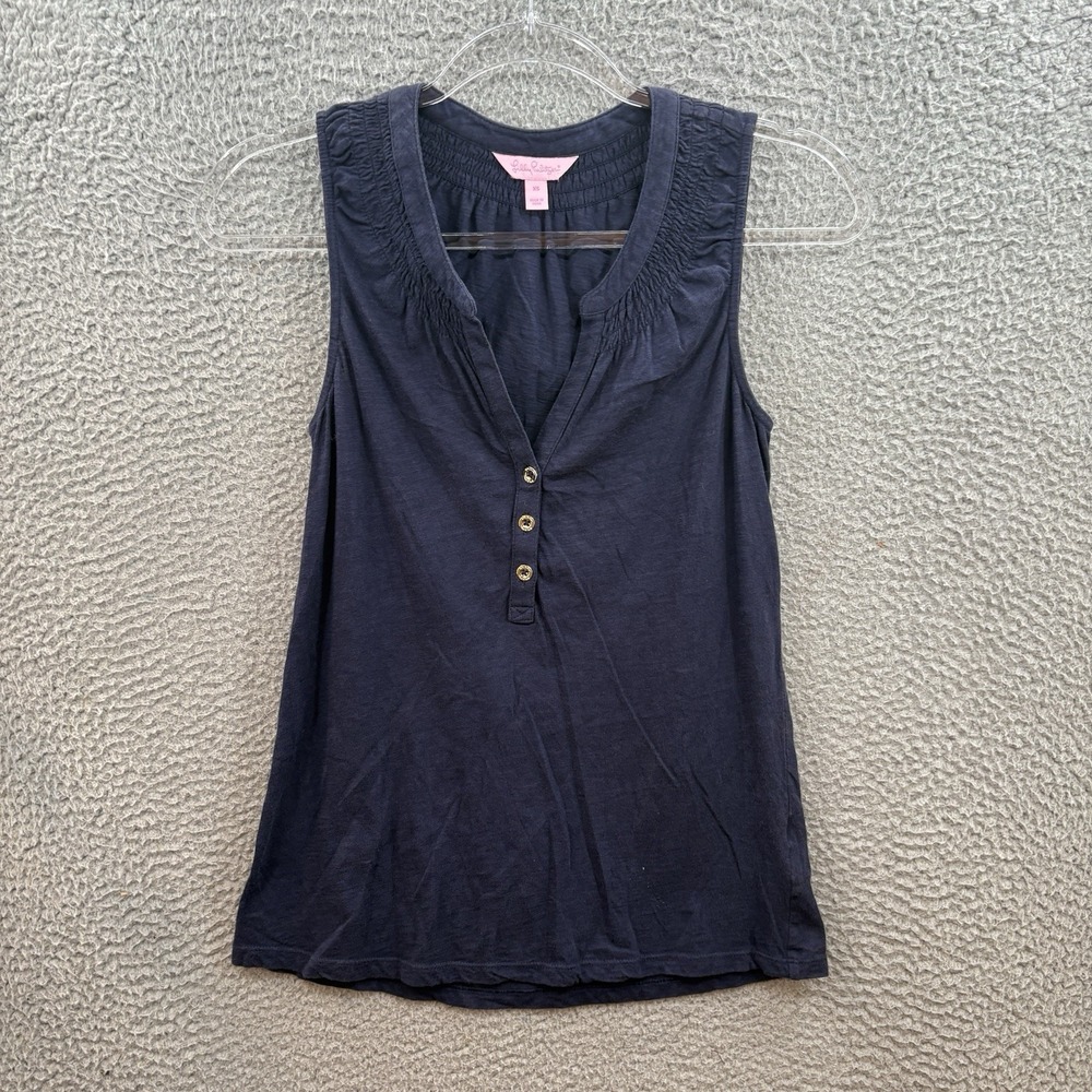 Lilly Pulitzer Essie Tank Top Womens XS Navy Blue Sleeveless Shirt V Neck Ruffle